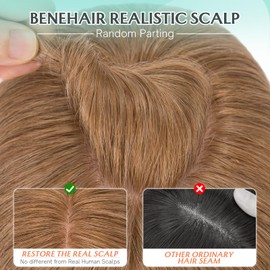 Benehair 100% Remy Human Hair Toppers for Women, 9 * 12CM Silk Base Hairpieces No Bangs 150% Density for Thinning Hair Light Brown 14 Inch