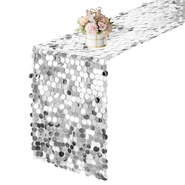 Yblut 12 x 108 Inch Silver Sequin Table Runner Glitter
