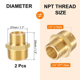 sourcing map 2Pcs Brass Pipe Fitting, 1/2" G Male × 3/4" NPT Male Brass Hex Nipple Pipe Fitting Connector, 1/2" to 3/4" Female Pipe Fitting Adapter with PTFE, Gold Tone