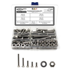 120-Piece Set of Hexagon Screws DIN 933 + Hex Nut DIN 934 and Washer DIN 125 Stainless Steel Size M8