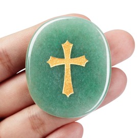 QINJIEJIE Green Aventurine Healing Crystals Cross Thumb Gemstones Worry Stone Easter Christian Gifts for Women Men Polished Oval Stone Anxiety Stress Relief Meditation Easter Cross Gemstones
