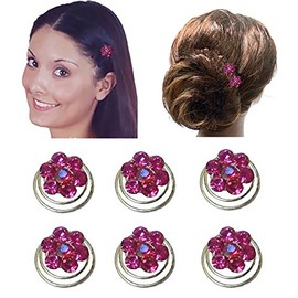 6 Pc Set Crystal Flower Hair Twists Hair Pin for Women Girls 7/16" in diameter NF83075-1htflr-6fuchsia