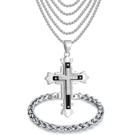 JUNOVUROS Large and Small Men's Cross Necklace Set with 5 Rolo Chains and 1 Cuban Bracelet, Jesus Christ Cross Religious Jewelry Gift, Silver/Gold/Black