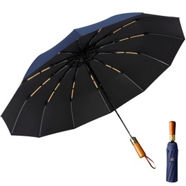 Windproof 12-Rib Auto-Opening Umbrella with Wooden Handle ? Compact Folding Umbrella for Travel, Strong Rain and Sun Protection, UPF UV, Large Portable Golf Beach Parasol