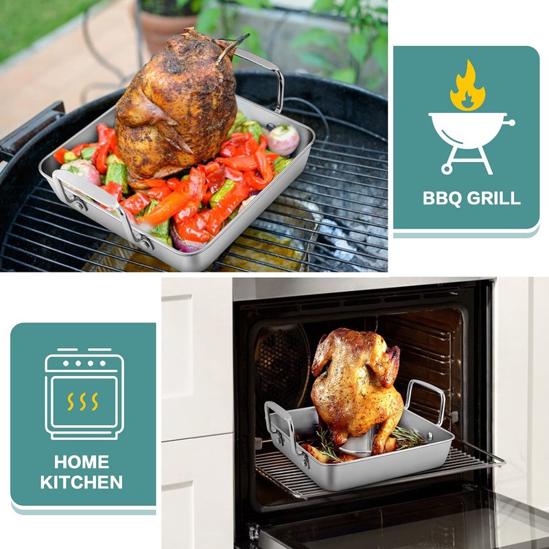 P&P CHEF Beer Can Chicken Holder with Roasting Pan Set,