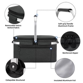 ALLCAMP Picnic Basket - 2 Ice Box Included 32L Insulated Cooler, Thickening Foldable Picnic Basket with Removable Baskets & Sewn-in Frame, Basket for House Warming Gifts New Home(Black)