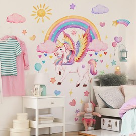 Wall Sticker Rainbow Unicorn Wall Sticker Clouds Pink Hearts Girls Wall Sticker Wall Decoration for Girls Room Children's Room Baby Room Bedroom Living Room