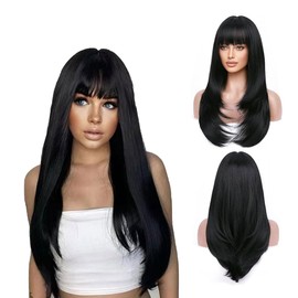 SCJJZ Wigs, Black Women's Wig with Straight Bangs, Long Hair, Fluffy Face Shaving Wig, Soft and Smooth (68 cm)