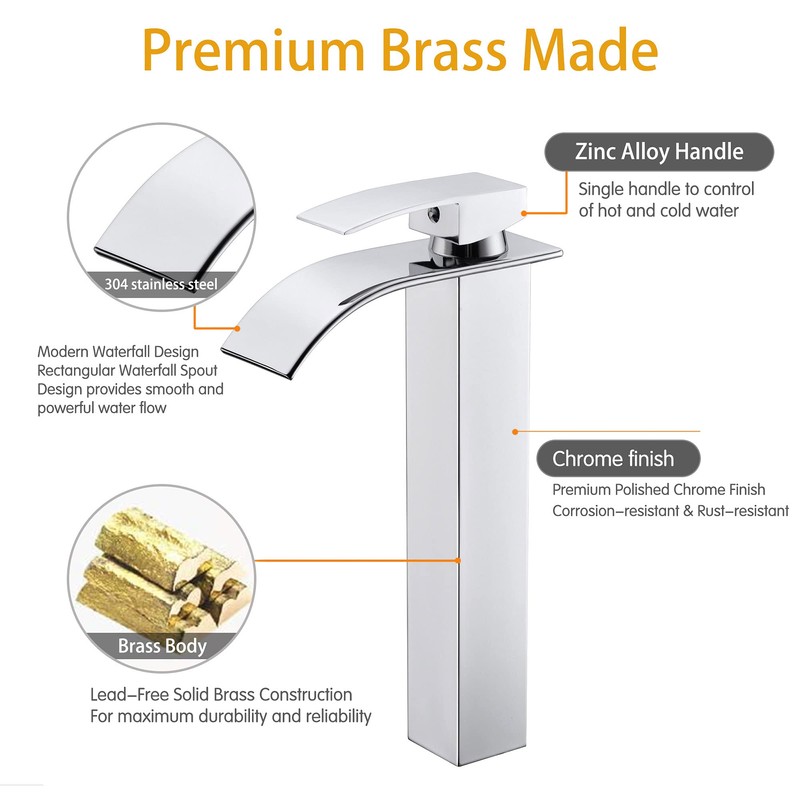 Rzoeox Tall Bathroom Vessel Faucet, Waterfall Design, Chrome Finish, Single