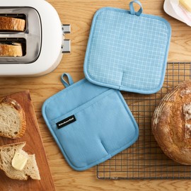 KITCHENAID Gourmet Series Gridlines Pot Holders 2-Pack Set, Heat Resistant up to 600°F, Soft Silicone Grip, Magnetic Cuff, Blue Velvet, 8"x8"