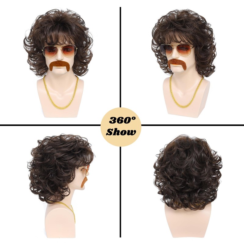 Angzon Men's Brown Short Curly 70s 80s Mullet Costume Wig