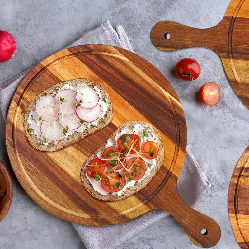 12 Pcs Round Wood Cutting Board with Handle Acacia Wooden