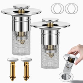 Bathroom Sink Stopper Hair Catcher, Pop Up Sink Drain Stopper with Removable Stainless Steel Filter Basket Hair Catcher for Universal Bathroom Basin Sink Stopper Replacement (Silver, 2pack)