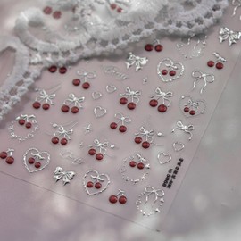 Cherry Nail Stickers Summer Nail Decals Silver Bow Nail Art Stickers 5D Embossed Bow Cherry Design Nails Adhesive Sticker Cute Fruit Nail Art Supplies Nail Charms Accessories Decorations 1PCS