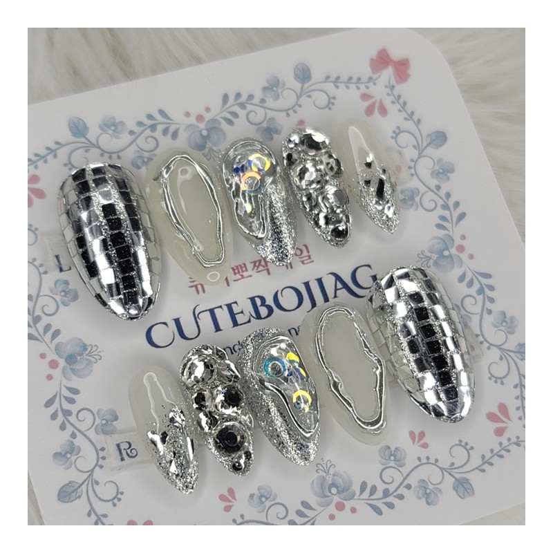 Multi Silver Handmade Nail Tips - Almond M / 멀티