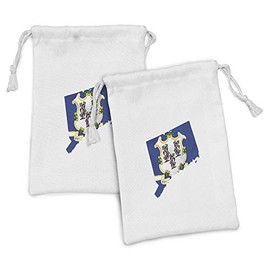 Lunarable Connecticut Fabric Pouch Set of 2, Flag on Map of Constitution State Grape Branches White Seal, Small Drawstring Bag for Toiletries Masks and Favors, 9" x 6", Cobalt Blue Multicolor