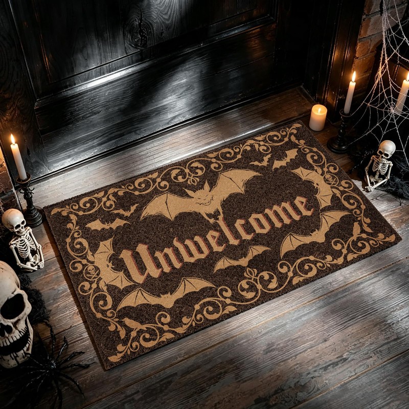 Halloween Unwelcome Door Mat, Gothic Dark Bat Doormat Indoor Outdoor
