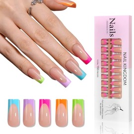 CUZIAM 150Pcs Brighter Pastel French Tip Press on Nails Medium Long Square, 5 Colors Neon Rainbow Pre-Builded Soft Gel Fake False Nail, Glossy Natural Nude Pink Full Cover Stick on Nails for Women