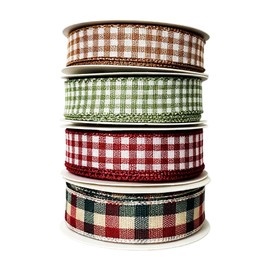 Gingham Ribbon 4 Rolls 10 Yards 3/8 Inch Burgundy Ivory Olive Beige