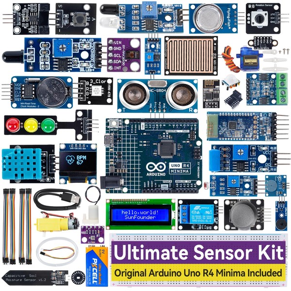 SunFounder Ultimate Sensor Kit with Original Arduino Uno R4 Minima, Smart IoT & Basic Sensor Projects with Online Tutorials, Suitable for Age 8+ Beginners (Original Arduino Uno R4 Minima Included)