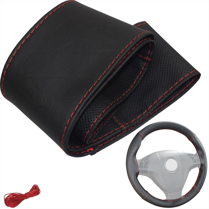 LBM51 Steering Wheel Cover Lacing Black Perforated with Red Stitching