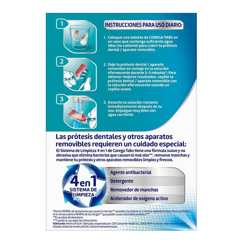 Corega Tabs 3 Minutos, Limpiador de Prótesis Dentales, 30 Tabletas