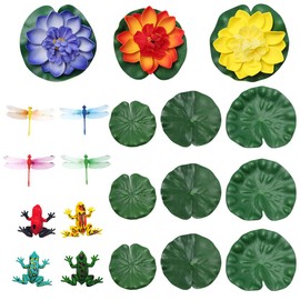 Sixfolo 20 Pcs Artificial Floating Water Lilies,Artificial Lotus Foam Flower Fake Water Lilies with Plastic Dragonfly Frog Lily Pads for Pond Pool Aquarium Water Decor(10cm,15cm,18cm)