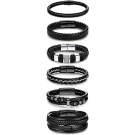Adramata 6 Pcs Black Leather Bracelets for Men Women Braided Mens Bracelet Leather Wristband Cuff Bracelets Set with Stainless Steel Clasp 7.5-8.5 inch