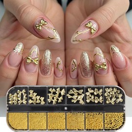 FSpronail Golden Metal Bow Knot Steel Beads Nails Decoration Kit,3D Alloy Bow-Knot Gold Small Metallic Balls Luxurious Jewelry Manicure Ornament for Women Girl DIY Nail Charming Supplies Accessories