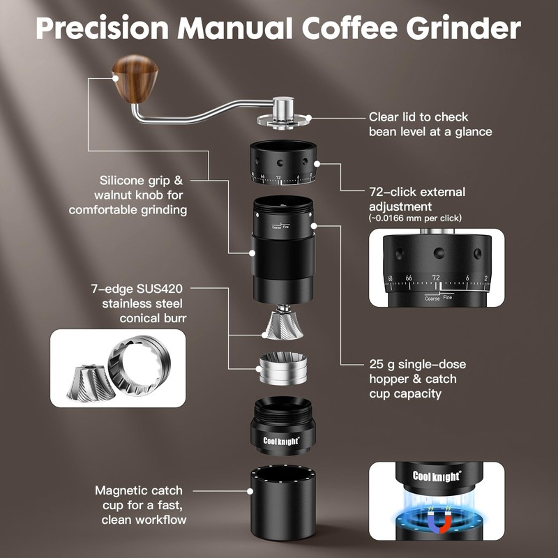 COOL KNIGHT Manual Coffee Grinder, 7-Edge SUS420 Stainless Steel Conical