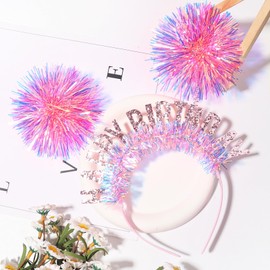 DIUEWOW Birthday Girl Headband Happy Birthday Crown Hair Hoop Fashion Fluffy Pink Ball Happy Birthday Letters Design Hair Accessories for Women Girls Party Birthday