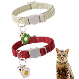 TENICER 2 Pack Cat Collar with Bells, Corduroy Adjustable Kitten Collars with Breakaway Safety Buckle for Boy Girl Cats-Green Red