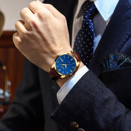 LIGE Men's Watches Waterproof Quartz Wrist Watches for Men Watch with Date Leather Strap Retro Business Men's Watches, Gold blue, Classic, minimalist, retro, glam