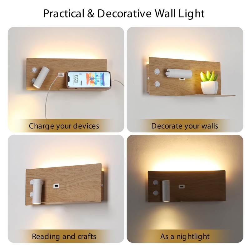 Modern LED Wall Sconce for Bedroom,Wood Plug in Wall Light