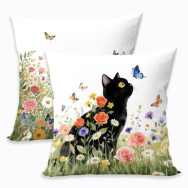 2 Pcs Floral Black Cat Pillow Cover, Vintage Black Cats Flowers Throw Pillow Covers Spring Summer Boho Cushion Cover, Suitable for Couch Sofa Bedroom Apartment Dorm Living Room Office Home Decor
