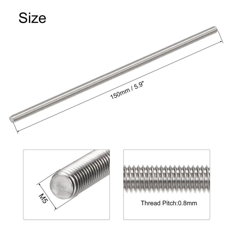 sourcing map Fully Threaded Rod M5 x 150 mm 304