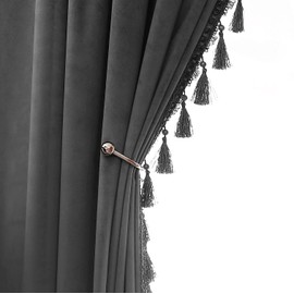 HLISFHIE Grey Velvet Curtains 90 inches Long Blackout Curtains for Bedroom Rod Pocket Window Curtains with Tassels Light Blocking Thermal Insulation Drapes for Living Room Set of 2 Panels 52”x90”