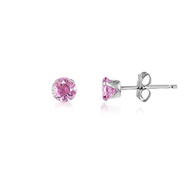 3MM Classic Brilliant Round Cut Cubic Zirconia (CZ) Sterling Silver Solitaire Stud Earrings/Ear Studs for Women Ladies Girls - Birthstone Earrings - PINK. 3-PINK