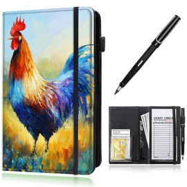 Server Book,Waitress Book,Waiter Book Server Organizer with Zipper Pocket,Leather Waitress & Waitstaff Book Wallet with Card Slot Guest Check Holder 9 x 5 Inch Server Book,Rooster Chicken