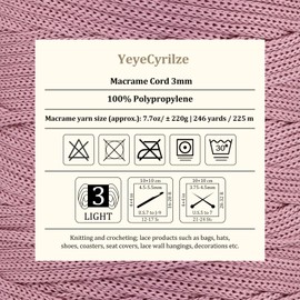 Polyester Macrame Cord 3mm X 246 Yards，Colorful Polyester Yarn，Polypropylene Silk Rope for Knitting & Crochet Braided Macrame Cord for Hats Shoes Bags Plant Hangers Rug DIY Crafts