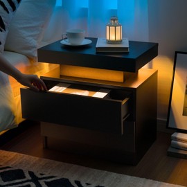 Black Nightstand with LED Light Black Modern Bedside Table LED Nightstand with 2 Drawers End Side Table for Bedroom