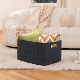 OIAHOMY 75L Large Blanket Basket, Woven Storage Basket with Handle, Cotton Rope Basket 22”x17”x12”,Blanket Basket Living Room, Toy Basket for Nursery, Blue