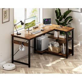 Casaottima L Shaped Computer Desk, 40 Inch Small Corner Desk with Storage Shelves & PC Stand, Reversible Gaming Desk for Bedroom, Modern Writing Study Table for Home Office, Vintage