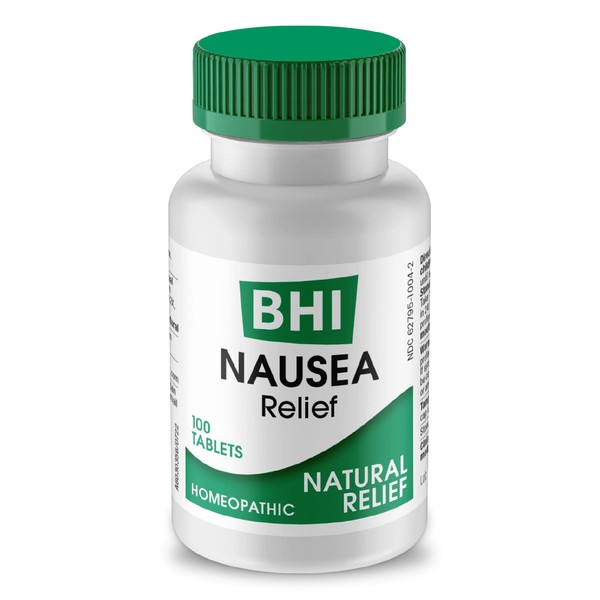 BHI Nausea Natural Relief 7 Multi-Symptom Homeopathic Active Ingredients Help Relieve Nausea, Vomiting, Bloating & Indigestion Non-Drowsy Remedy Soothes Discomfort for Women & Men - 100 Tablets