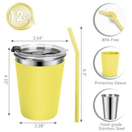 Vermida Kids Cups with Straws and Lids Leak Proof, 12oz Sippy Cups for Toddlers 1-3, 2 Pack Spill Proof Cups Stainless Steel Kids Cups with Lids for School, Outdoor (Green & Yellow)