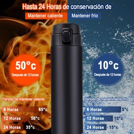 Termo Tazas, EASYTAO Botella de Agua Deportiva de Vacío Aislada, Mantiene Frío 6 Horas, Caliente 6 Horas Termo para Cafa de Acero Inoxidable y Termo a Prueba de Fugas Taza de Café de Viaje （450ml Negro）