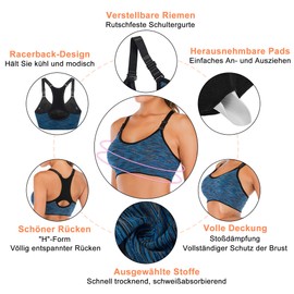 FXTYK Women's Mid Impact Sports Bra Seamless Adjustable Shoulder Straps and Removable Pads Gym Yoga Bra Workout Fitness Activewear Padded Bras, blue