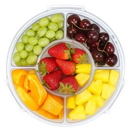 Lustroware Gourmet Palette Airtight 5-Compartment Round Serving Tray with Lid – Portable Snackle Platter & Charcuterie Organizer Box with Removable Dividers for Fruit, Vegetables, Snacks, Appetizers