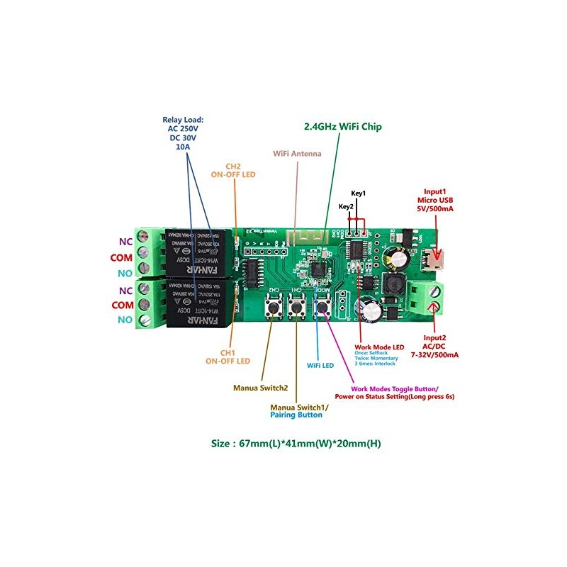 Newgoal 2-Channel WiFi Smart Switch Relay Module, TUYA/Smart Life App
