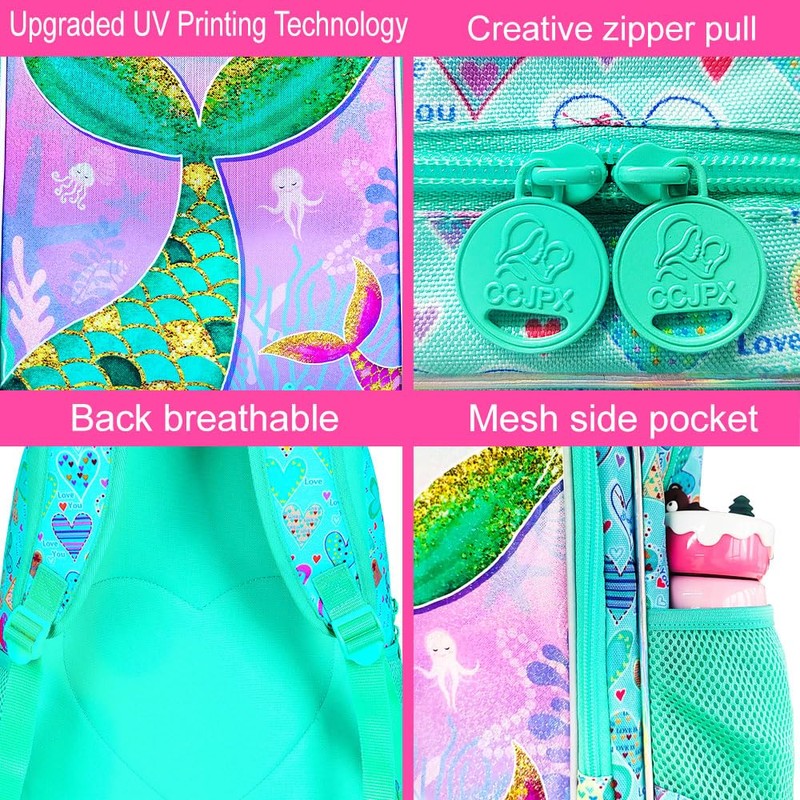 KLFVB 3PCS Girls Mermaid Backpack, Water Resistant Kids Unicorn Bookbag